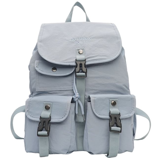 Lettering Embroidered Buckled Nylon Flap Backpack