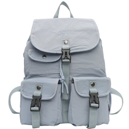 Lettering Embroidered Buckled Nylon Flap Backpack