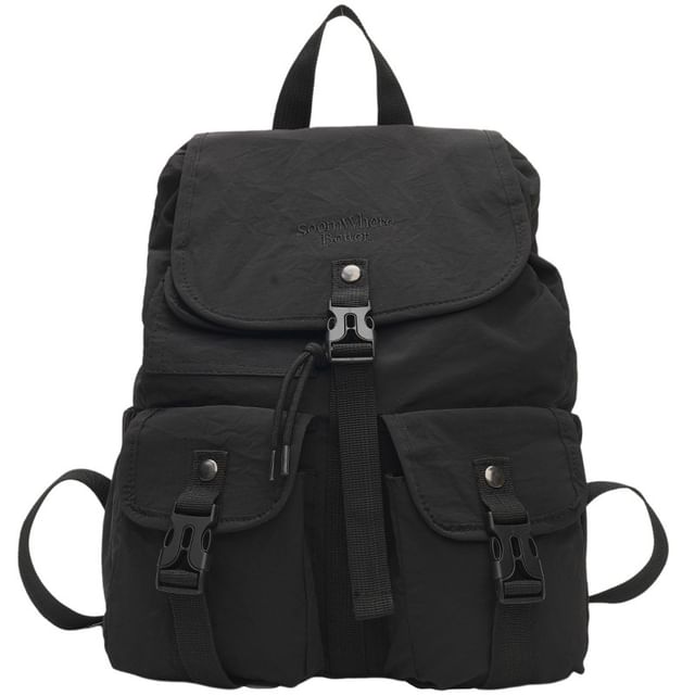 Lettering Embroidered Buckled Nylon Flap Backpack