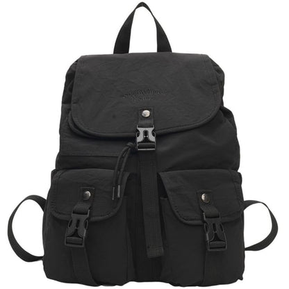 Lettering Embroidered Buckled Nylon Flap Backpack