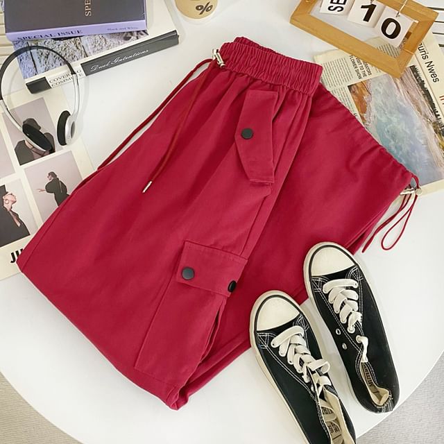 High Waist Plain Wide Leg Cargo Pants