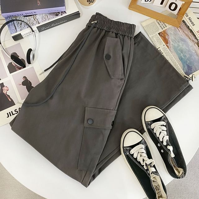 High Waist Plain Wide Leg Cargo Pants