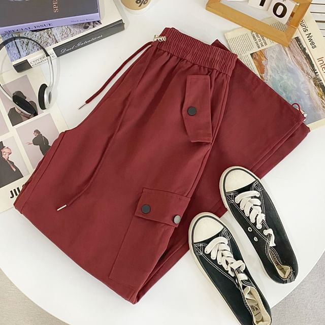 High Waist Plain Wide Leg Cargo Pants