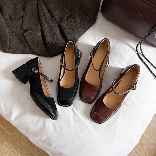 Chunky Heel Square Toe Plain Faux Leather Panel Mary Jane Pumps