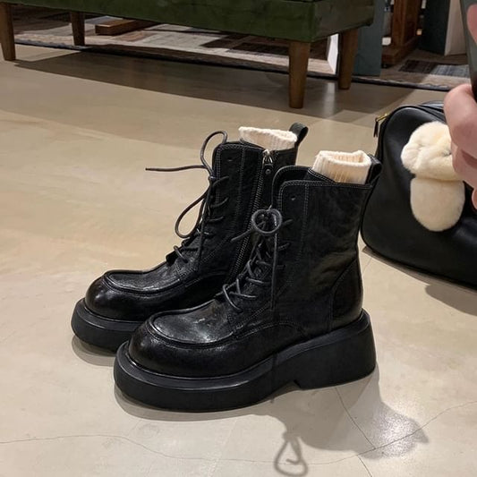 Platform Plain Lace-Up Faux Leather Short Boots