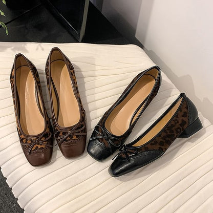 Accent Heel Pumps Low Bow Faux Leopard Print Panel Leather Brogue