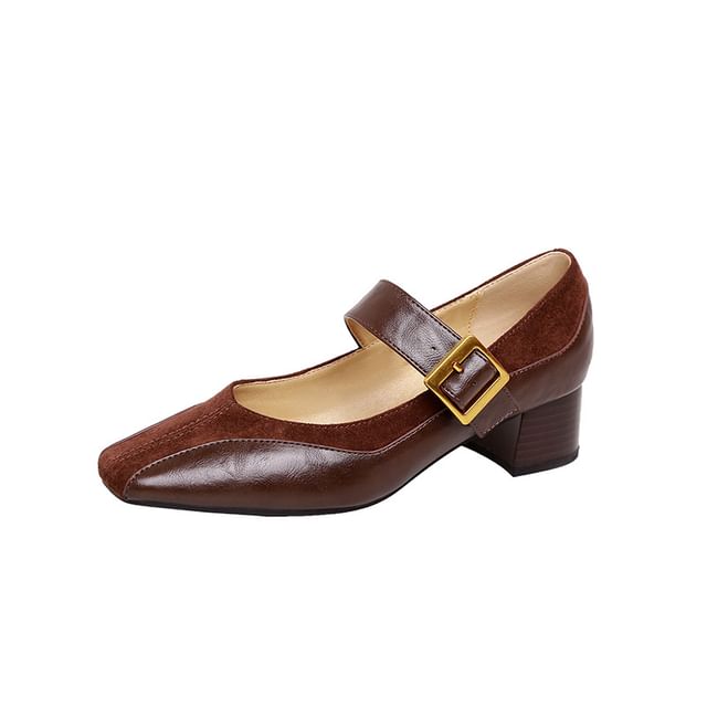 Pumps Jane Chunky Faux Panel Buckled Heel Mary Plain Leather