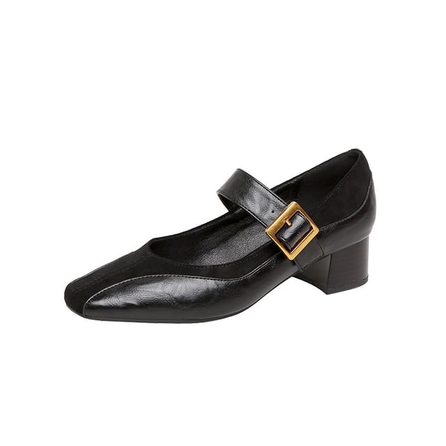 Pumps Jane Chunky Faux Panel Buckled Heel Mary Plain Leather