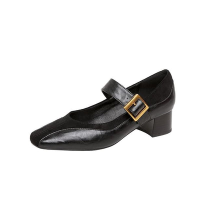 Pumps Jane Chunky Faux Panel Buckled Heel Mary Plain Leather