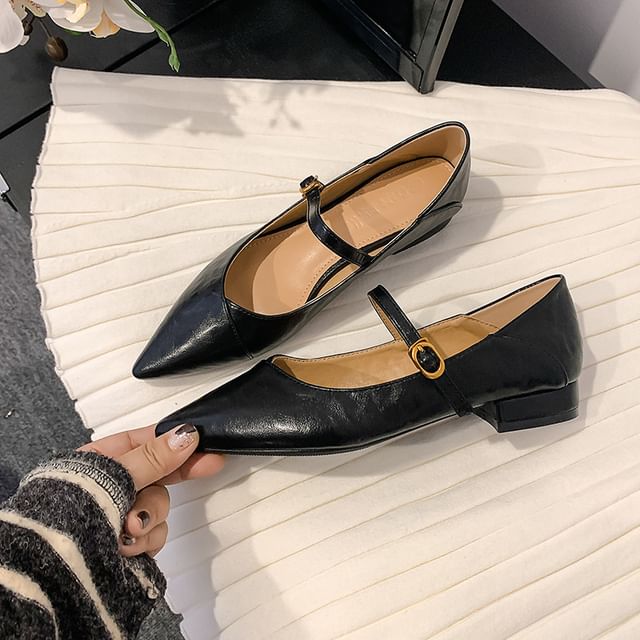 Leather Low Pointed Heel Buckled Plain Mary Jane Faux Toe Pumps