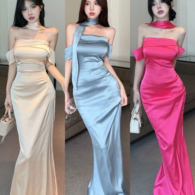 Set: Scarf Satin Evening Plain Mermaid + Gown Off-Shoulder
