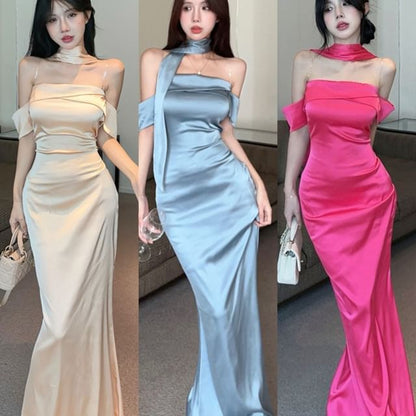 Set: Scarf Satin Evening Plain Mermaid + Gown Off-Shoulder