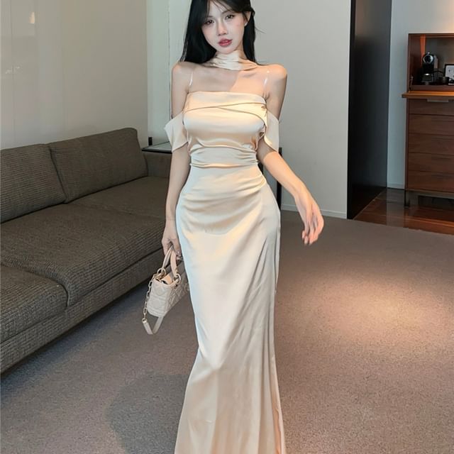 Set: Scarf Satin Evening Plain Mermaid + Gown Off-Shoulder