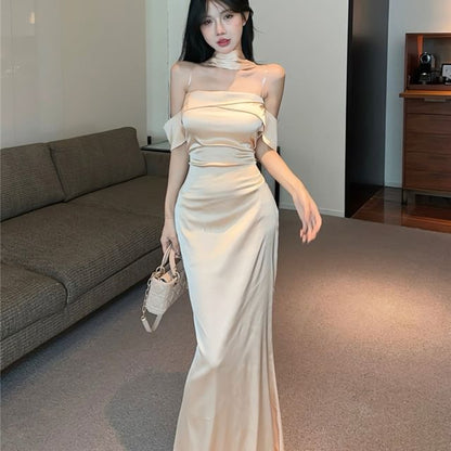 Set: Scarf Satin Evening Plain Mermaid + Gown Off-Shoulder
