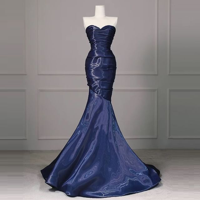 Strapless Shirred Asymmetrical Mermaid Evening Gown