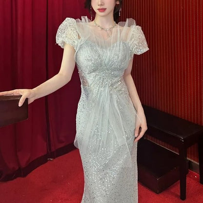 Puff-Sleeve Sequined Evening Mermaid Cutout Gown