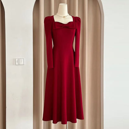 A-Line Evening Square-Neck Gown Long-Sleeve Plain Bow