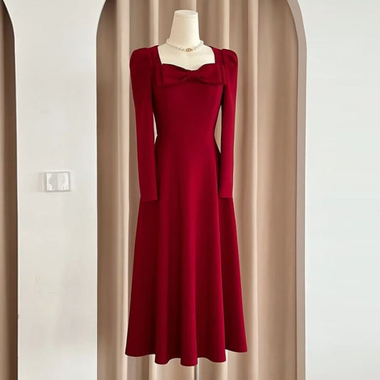 A-Line Evening Square-Neck Gown Long-Sleeve Plain Bow