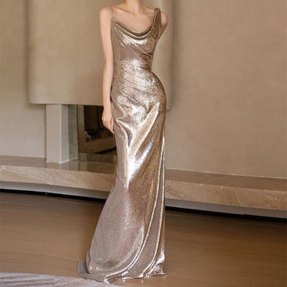 Evening Strap Mermaid Gown Sequined Asymmetrical Spaghetti