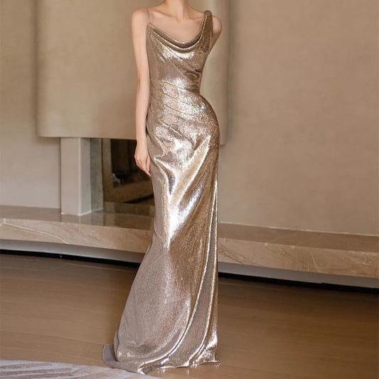 Evening Strap Mermaid Gown Sequined Asymmetrical Spaghetti