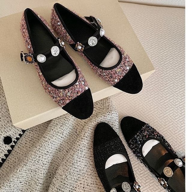 Cap Toe Faux Pearl Tweed Mary Jane Flats
