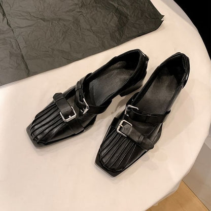 Square Toe Buckle Block Heel Mary Jane Pumps