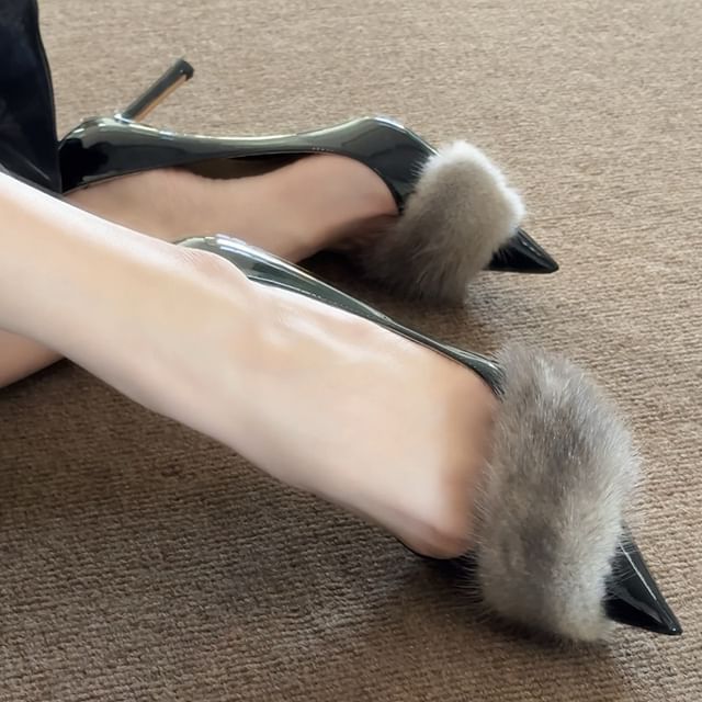 Pointed Toe Faux Fur Panel Patent Leather Stiletto Pumps