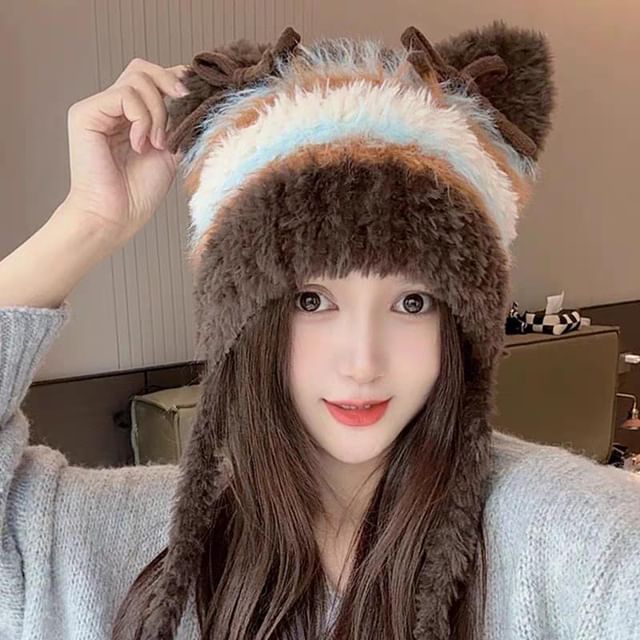 Cat Ear Bow Fluffy Knit Beanie