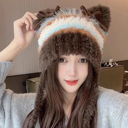 Cat Ear Bow Fluffy Knit Beanie