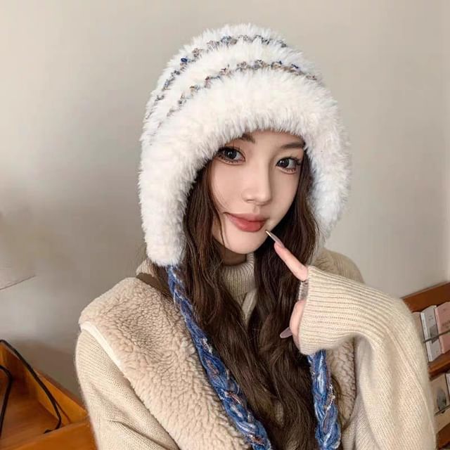 Striped Fluffy Knit Trapper Hat