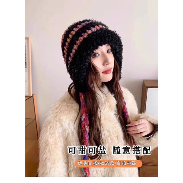 Striped Fluffy Knit Trapper Hat