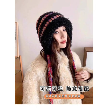 Striped Fluffy Knit Trapper Hat