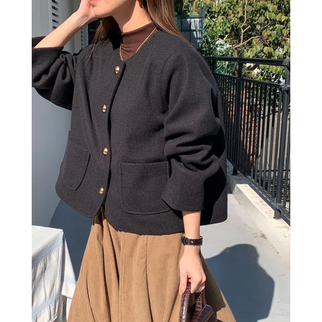 Button-Up Plain Woolen Jacket