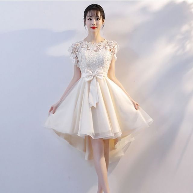 Cap Sleeve Round Neck Plain Bow High-Low Panel A-Line Cocktail Dress