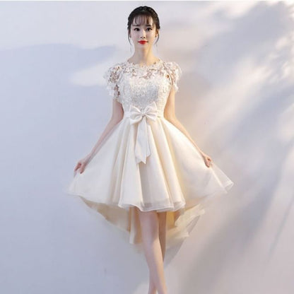Cap Sleeve Round Neck Plain Bow High-Low Panel A-Line Cocktail Dress