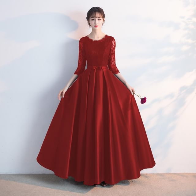 3/4 Sleeve Round Neck Plain Bow Lace Panel Satin A-Line Evening Gown