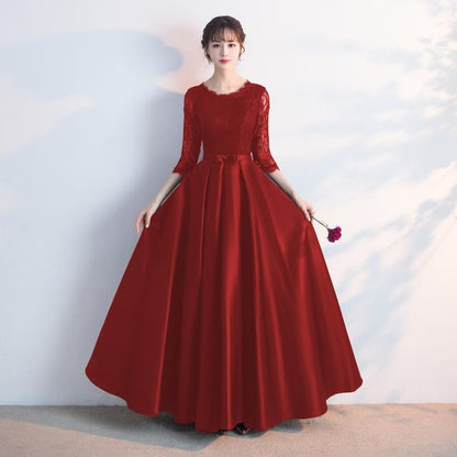 3/4 Sleeve Round Neck Plain Bow Lace Panel Satin A-Line Evening Gown