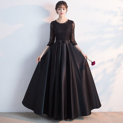 Evening Neck Lace Gown Bow A-Line Round Plain Satin Sleeve 3/4 Panel