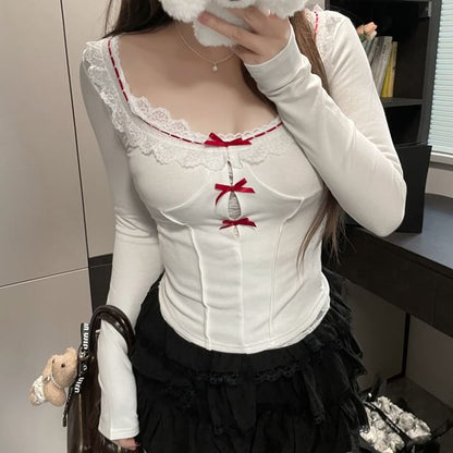 Long-Sleeve Square Neck Lace Trim Top