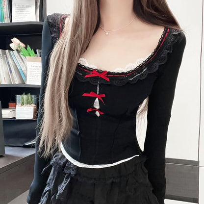 Long-Sleeve Square Neck Lace Trim Top