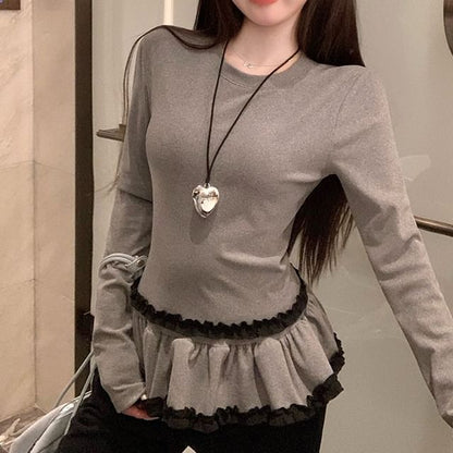 Long-Sleeve Crewneck Ruffle Plain Top