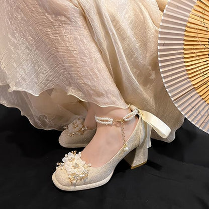 Faux Pearl Floral Platform Chunky Heel Mary Jane Shoes