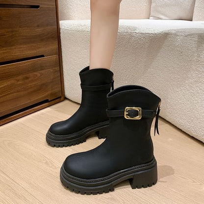 Chunky Heel Buckled Short Boots