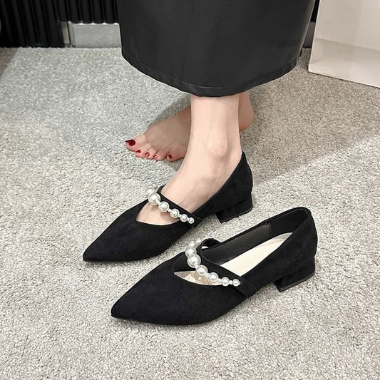 Pointy Faux Peral Strap Low Heel Mary Jane Shoes