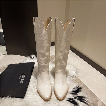 Faux Leather Chunky Heel Cowboy Boots