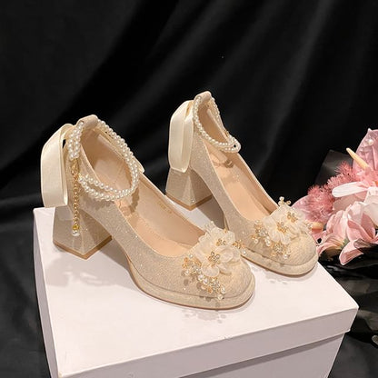 Faux Pearl Floral Platform Chunky Heel Mary Jane Shoes