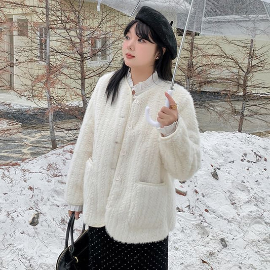 V-Neck Faux Fur Button-Up Jacket