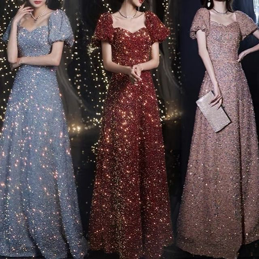 Sequin A-Line Neckline Short-Sleeve Sweetheart Evening Gown