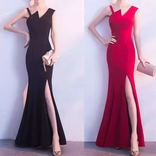 Evening Sleeveless Asymmetrical Mermaid Plain Gown