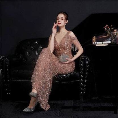 Short-Sleeve Boatneck Mesh Sequin Mermaid Evening Gown